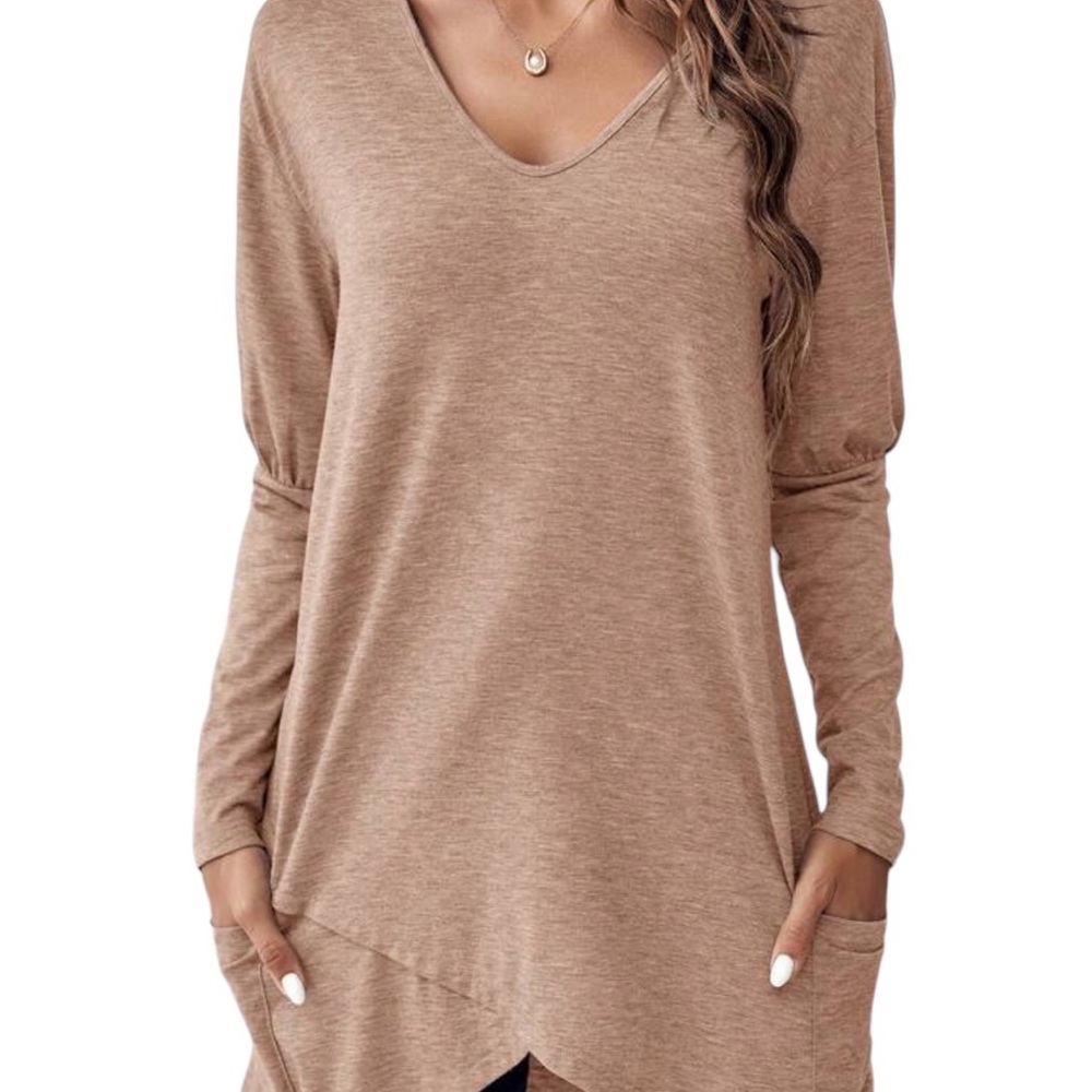 SHEIN Tan Asymmetrical Long Sleeve Tunic, Sz L